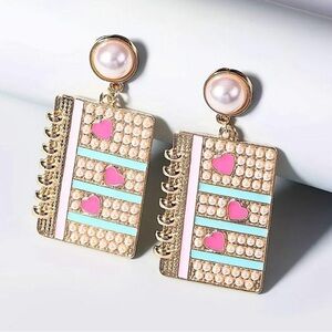 Fashion Jewelry Notebook Pink and Gold Earrings with Pearl Accents